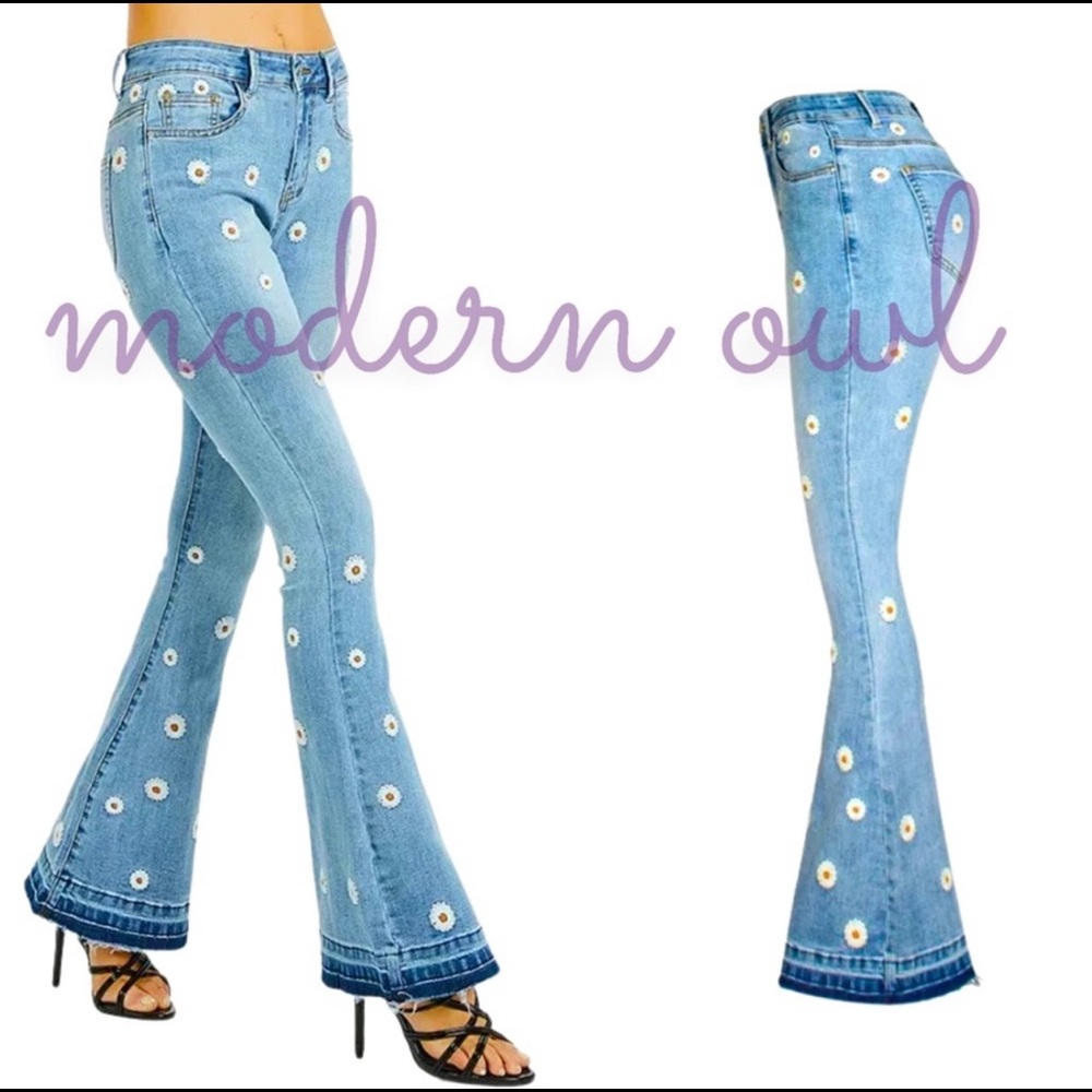 New! Restock Daisy Embroidered Designer Stretchy Bell Bottom Denim Jeans Hippie